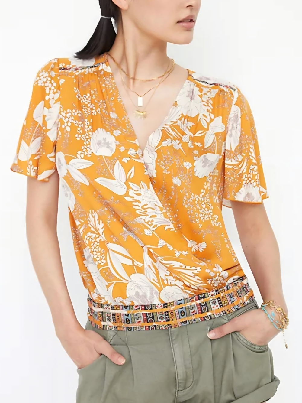Tiny by Anthropologie Women's Floral Surplice V-Neck Short Sleeve Top in Mustard